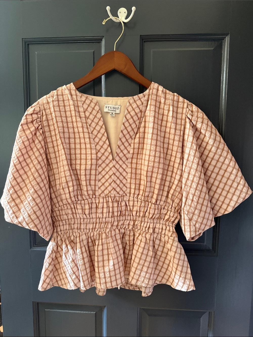 STUDIO Blush Plaid Smocked Peplum blouse